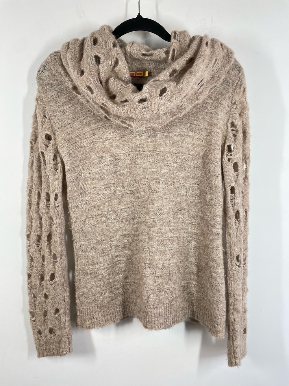 KUNA Baby Alpaca Wool Sweater Beige Small Distressed Cowl Neck Boho Lagenlook